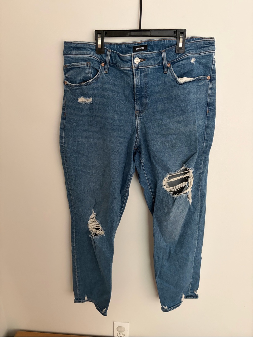 Express Boyfriend Jeans in Mid Blue with Distressed Rips